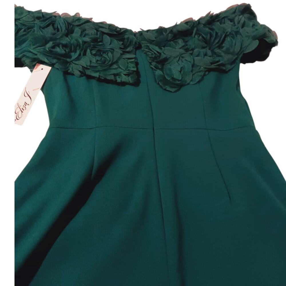 NEW ELIZA J Formal Gown 12 Green Ruched Waist Rosette Off Shoulder Evening Dress - Picture 6 of 12